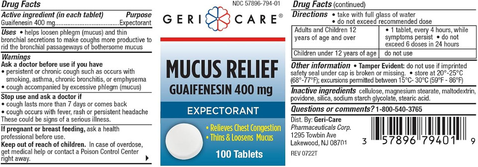 Mucus Relief Tablets By Geri-Care | Expectorant For Chest Congestion Relief | Guaifenesin 400Mg | 100 Count Bottle