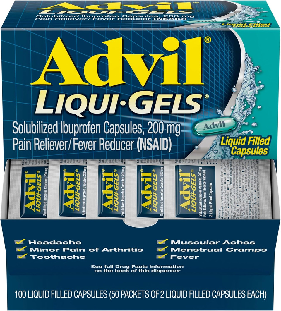 Advil Liqui-Gels Pain Reliever And Fever Reducer, Pain Medicine For Adults With Ibuprofen 200Mg For Headache, Backache, Menstrual Pain And Joint Pain Relief - 50X2 Liquid Filled Capsules