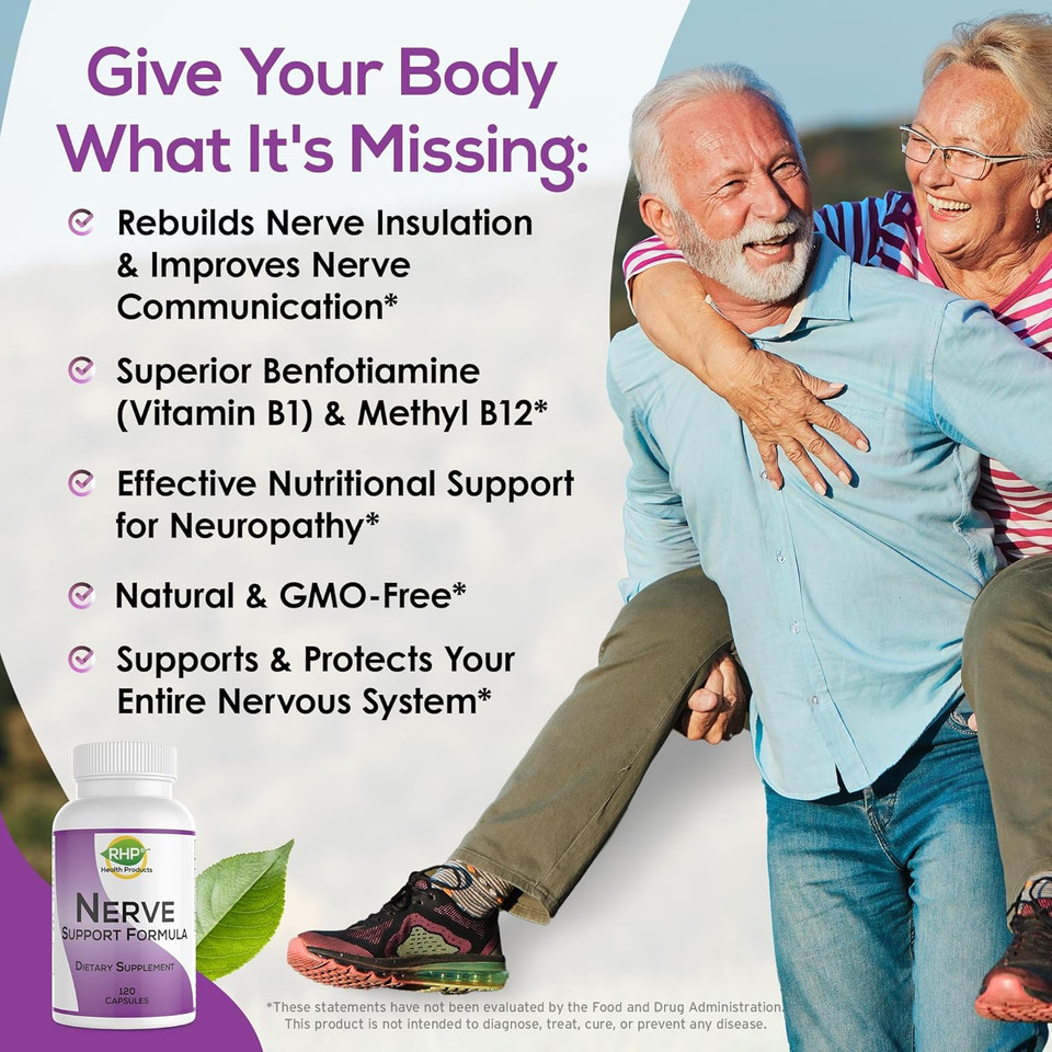 Nerve Support Formula For The Nutritional Support Of Neuropathy. Relief From Nerve Aches, Pain & Discomfort. B-Complex With Folic Acid. 120 Capsules