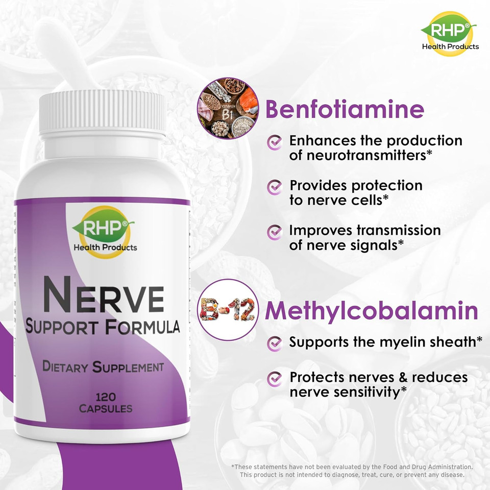 Nerve Support Formula For The Nutritional Support Of Neuropathy. Relief From Nerve Aches, Pain & Discomfort. B-Complex With Folic Acid. 120 Capsules