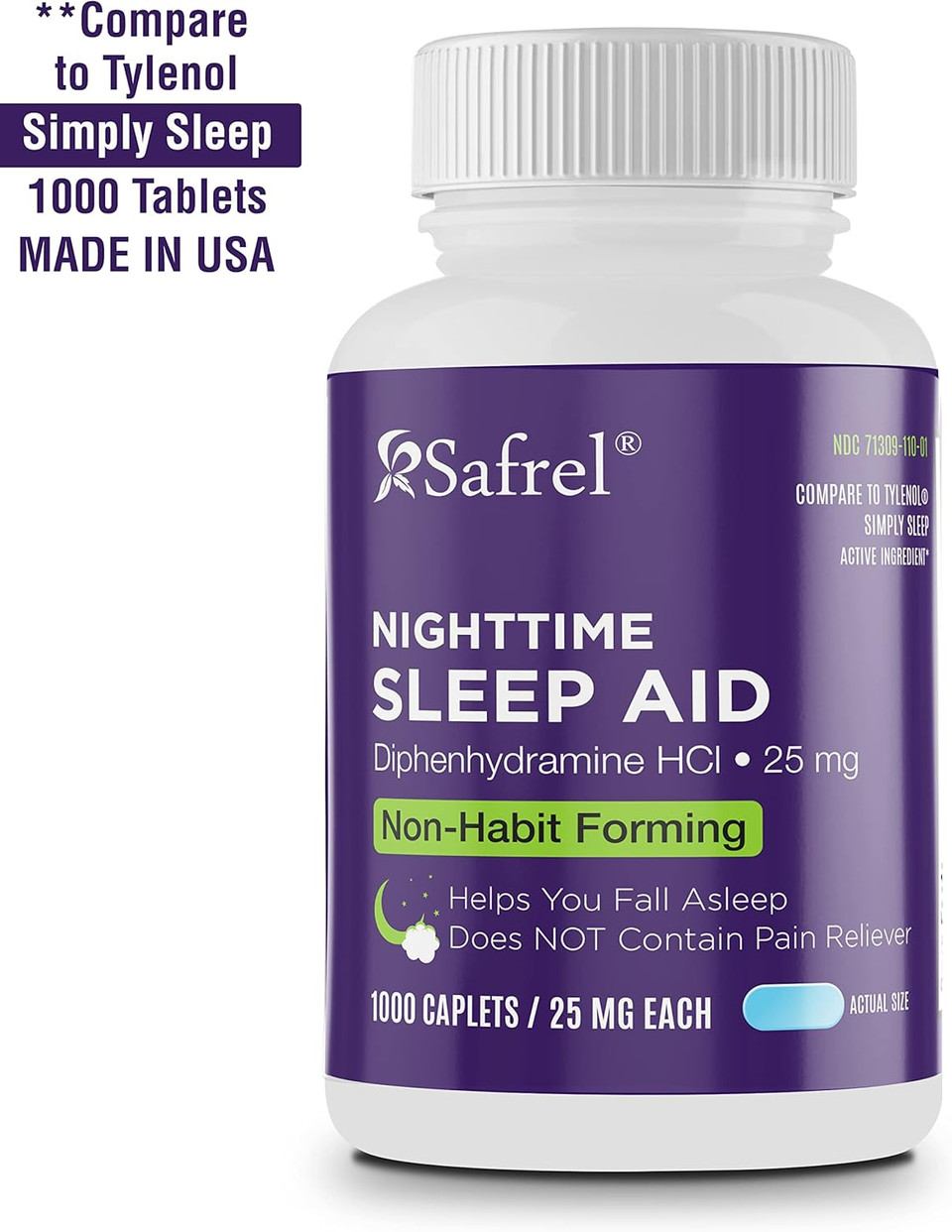 Safrel Nighttime Sleep Aid, Diphenhydramine Hcl 25Mg | Strong Non Habit-Forming Restful Sleeping Support For Men & Women | Fall Asleep Faster & Wake Up Refreshed (1000 Count (Pack Of 1), 1000, Count)