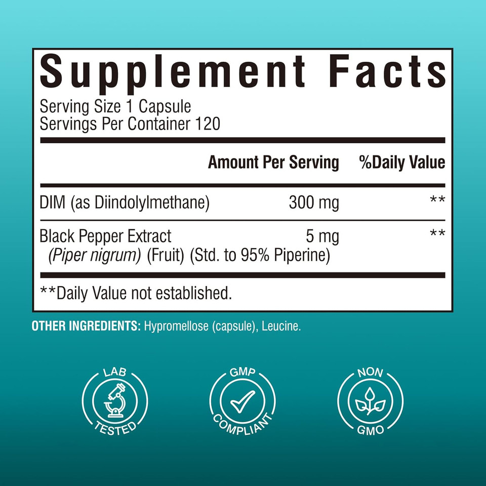 Dim Supplement For Women & Men, Estrogen Metabolism, Hormone Balance & Menopause Support, Dim 300 Mg With Black Pepper Extract, High Absorption, 120 Capsules