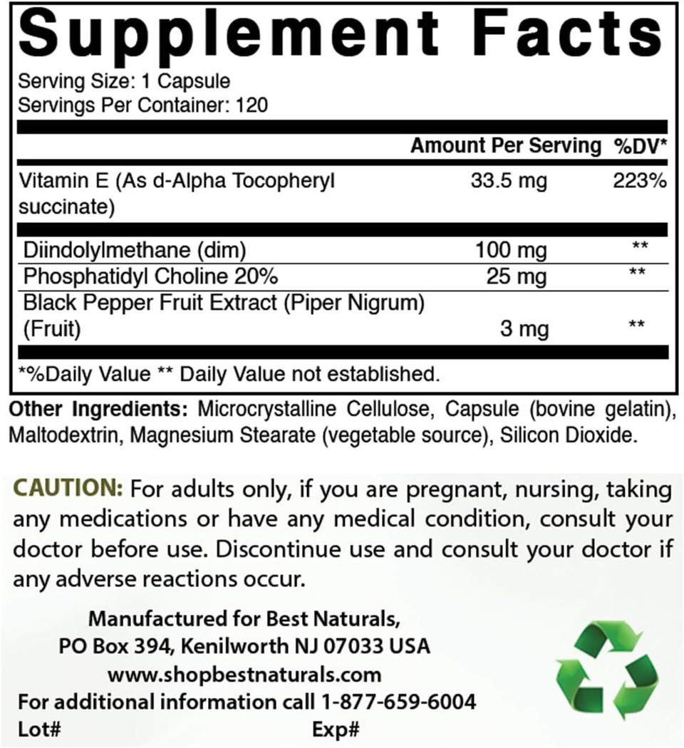 Best Naturals Dim Supplement 100 Mg 120 Capsules, Dim For Estrogen Metabolism & Balance, For Menopause, Body Building, Pcos & Hormonal Acne