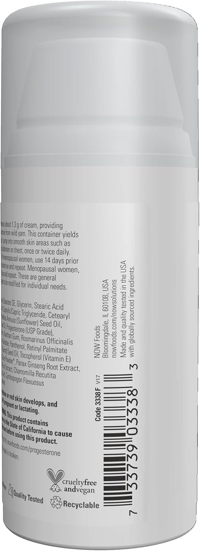 Now Solutions, Natural Progesterone, Balancing Skin Cream, 20 Mg Of Natural Progesterone Per Pump, Unscented, 3-Ounce