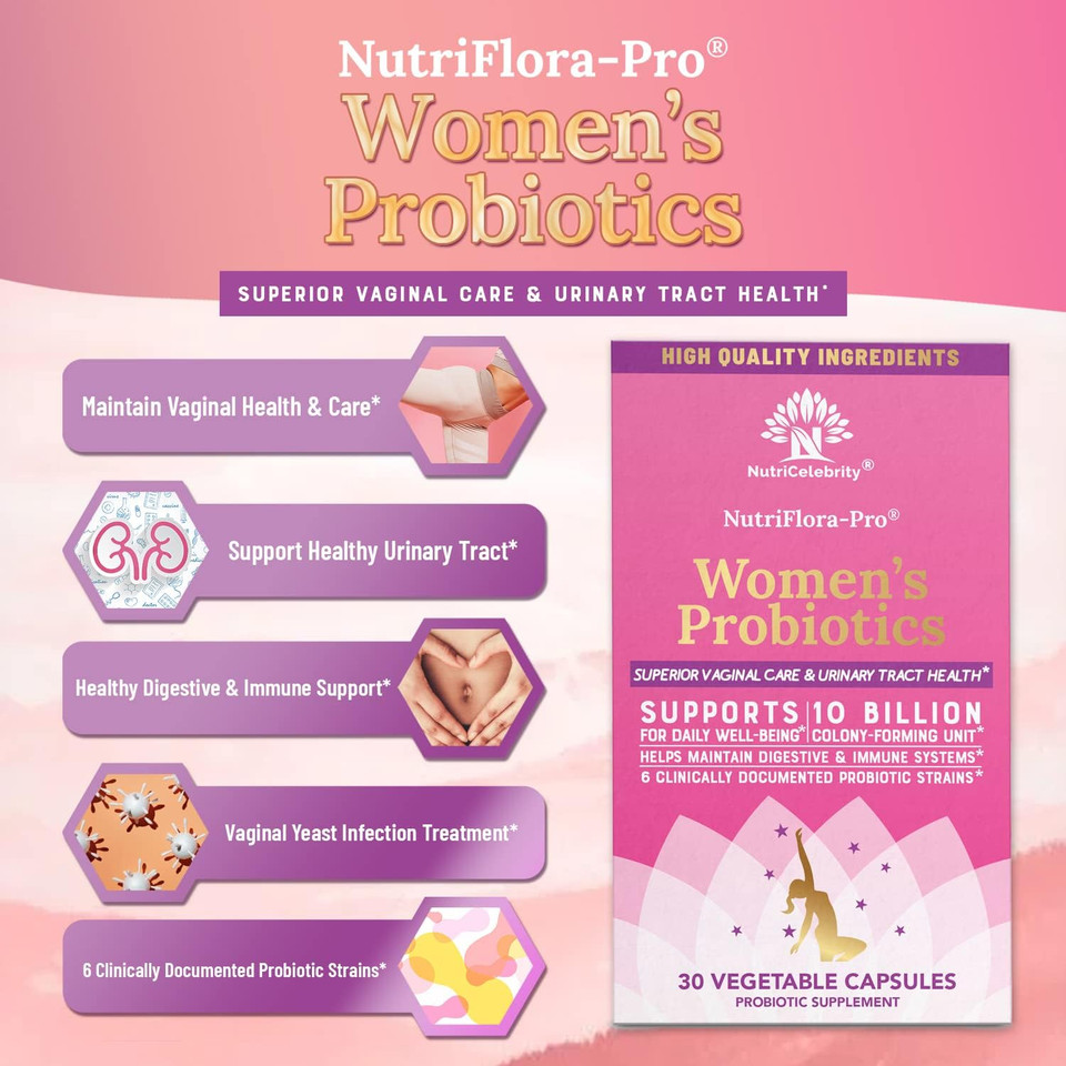 Nutricelebrity Nutriflora-Pro Probiotics For Women - Support Vaginal, Urinary Health (Uti), Digestive System, Period Pain, Yeast, And Bv Relief, Cranberry Pills, 10 Billion Cfu 6 Strains (30 Caps)