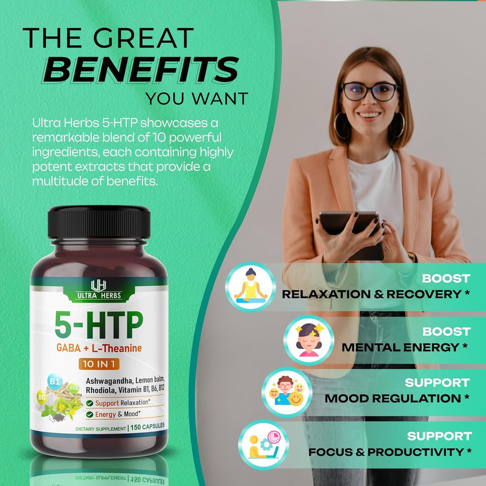 5-Htp Supplement Enriched With Ashwagandha, L-Theanine, Gaba, Rhodiola | 10 In 1 Ultra Mood Support Complex For Calmness, Relaxation & Sleeps Quality | 150 Capsules