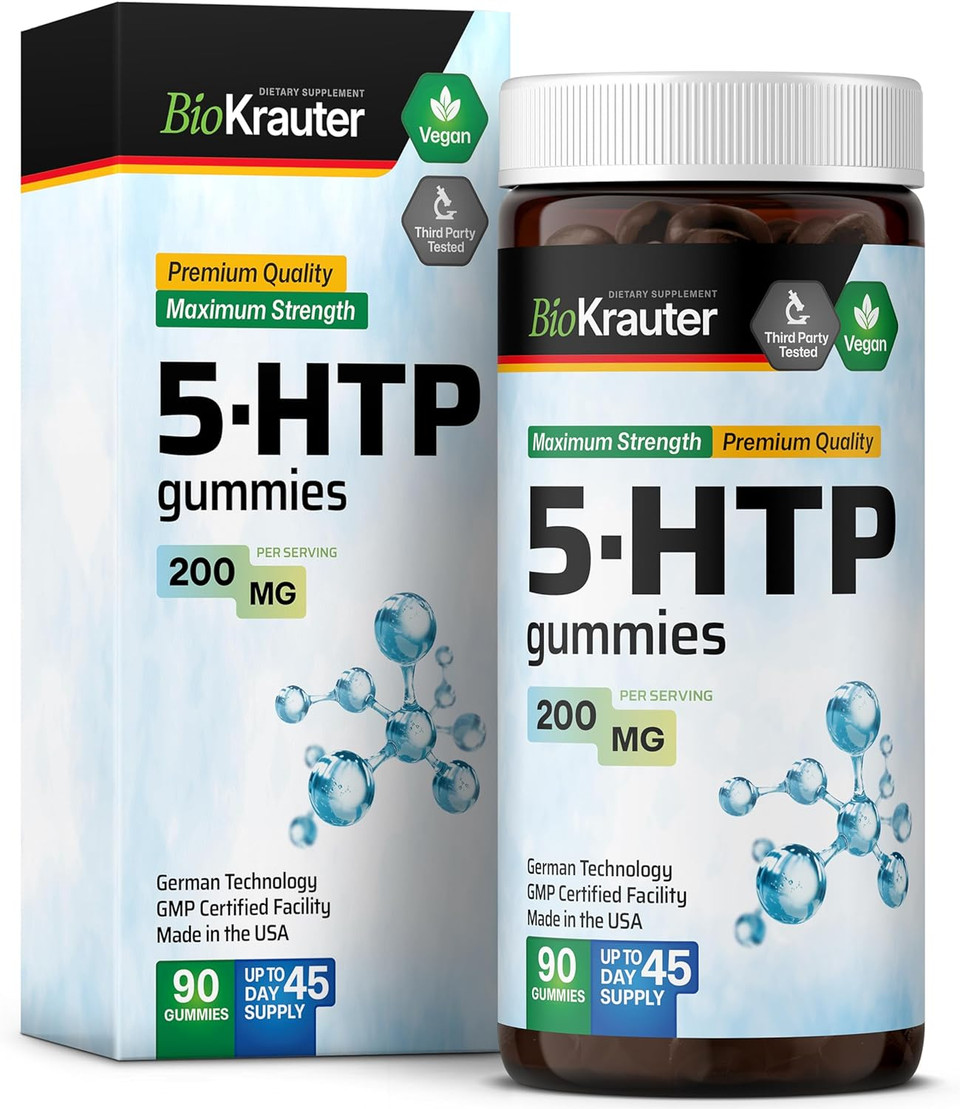 Bio Krauter 5 Htp Supplement Gummies - 200 Mg Strength - 90 Vegan Chews - Relaxation Support 5Htp Plus L Tryptophan Supplement - Pectin Based Formula