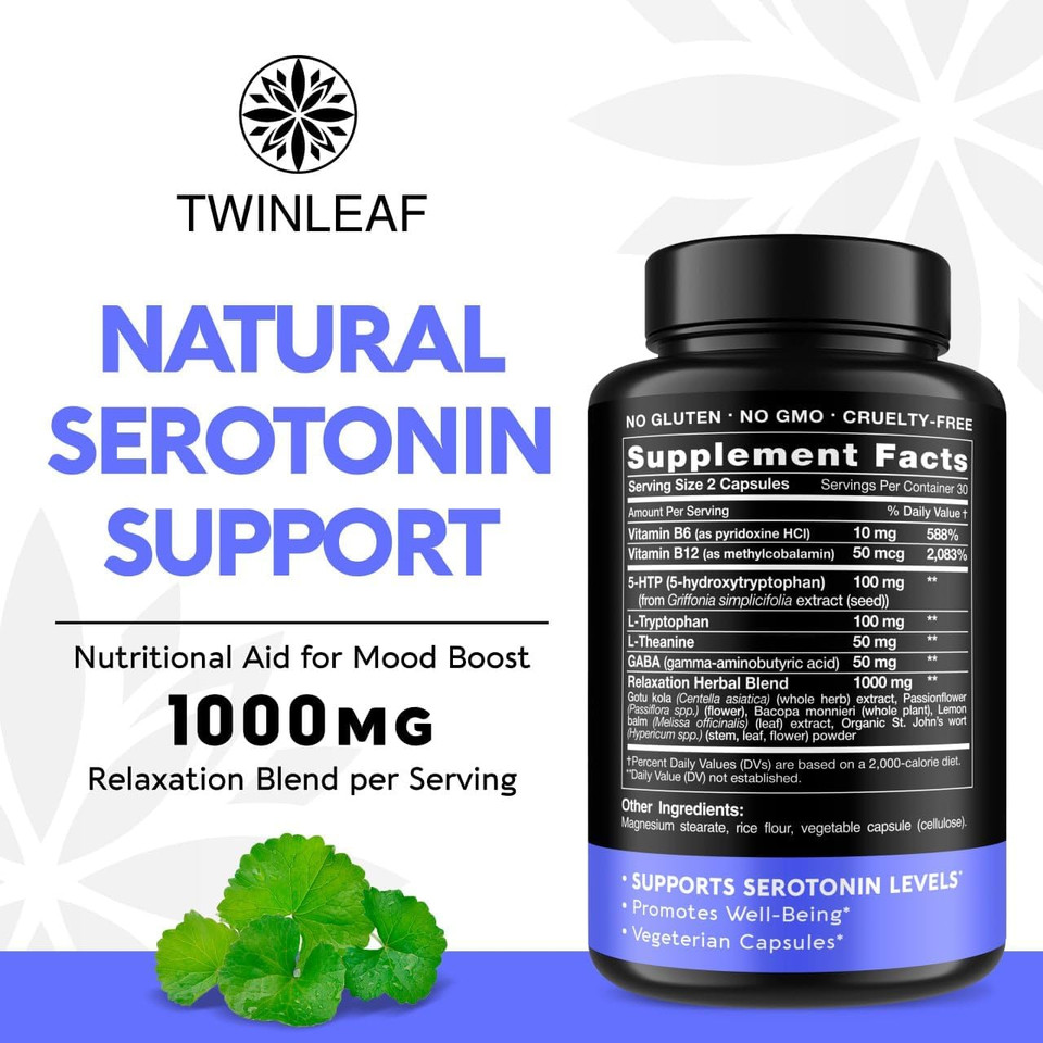 Natural Serotonin Supplement - Made In Usa 5Htp Serotonin & Cortisol Manager - Serotonin Booster Vitamin Supplement For Women With 5-Htp, Vitamin B6, B12, Gaba, L Theanine, L Tryptophan - 60 Capsules