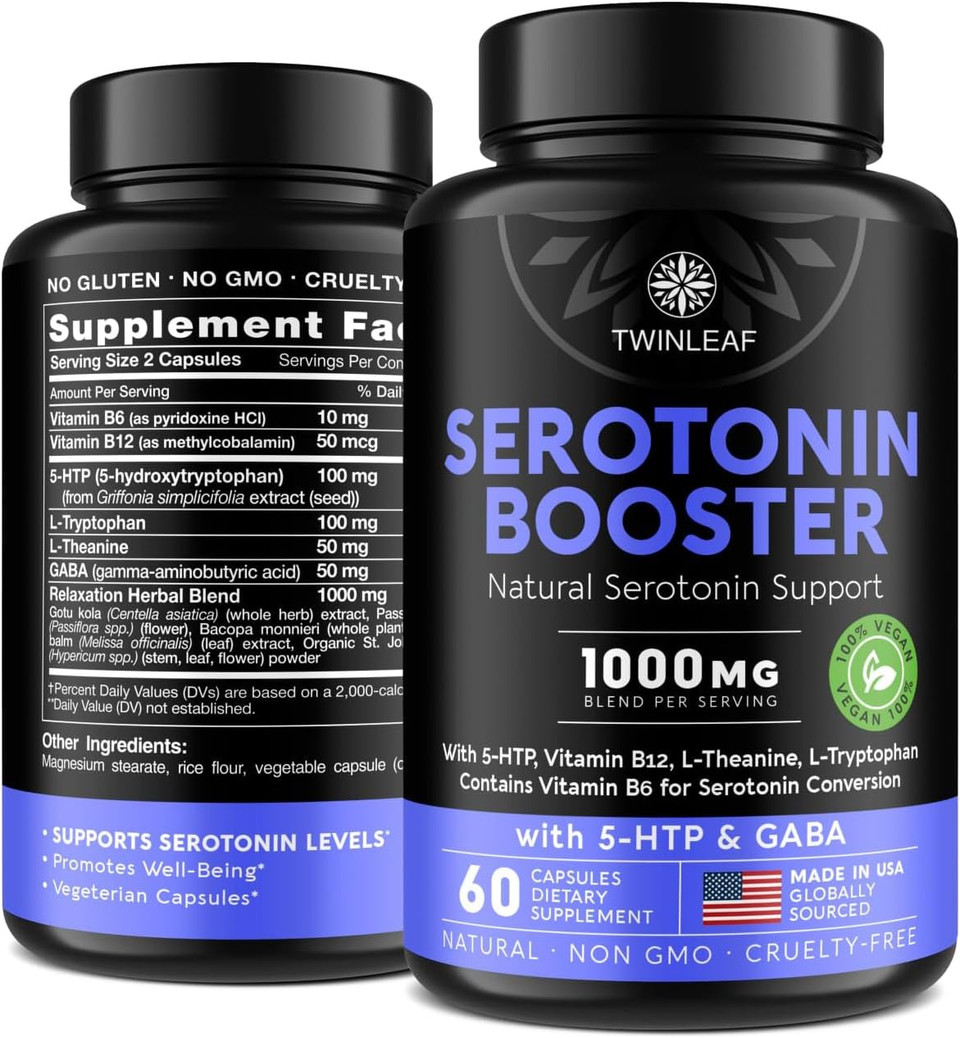 Natural Serotonin Supplement - Made In Usa 5Htp Serotonin & Cortisol Manager - Serotonin Booster Vitamin Supplement For Women With 5-Htp, Vitamin B6, B12, Gaba, L Theanine, L Tryptophan - 60 Capsules