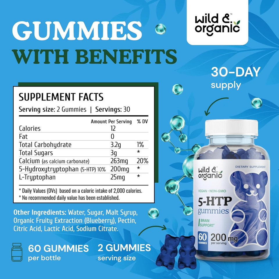 Wild & Organic 5-Htp 200Mg Mood Gummies - L-Tryptophan For Relaxation And Natural Calm - 5 Htp Supplement For Brain Support - 60 Vegan, Non-Gmo 5Htp Gummies