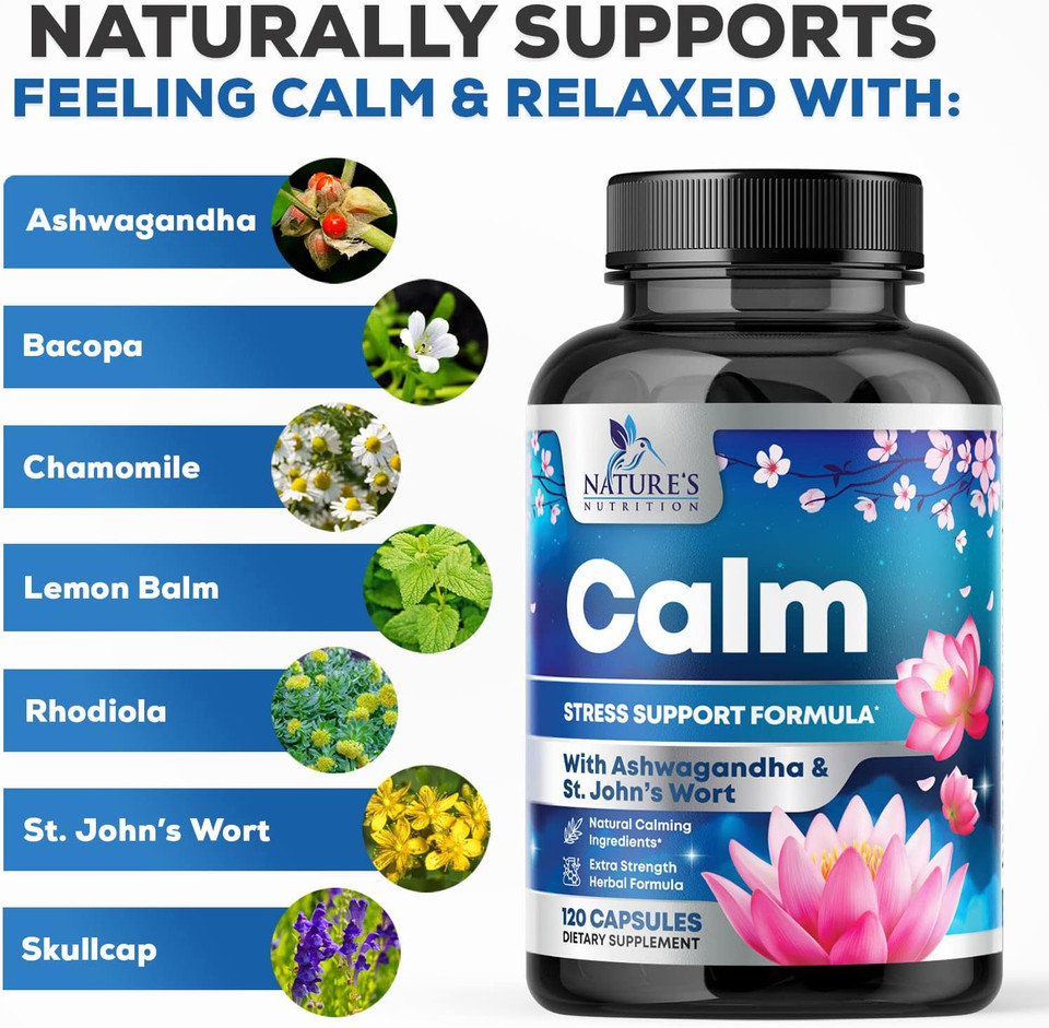 Natural Unwind, Calm, & Relax Support With Ashwagandha, Gaba, Magnesium, 5-Htp, L-Theanine & B Vitamins, Natural Focus, Energy & Immune Support - Nature'S Non-Gmo, Vegan, Gluten Free - 120 Capsules
