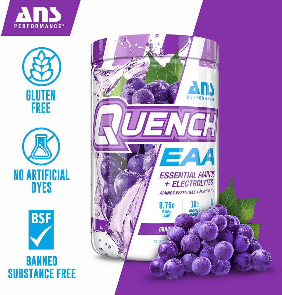 Quench Eaa Aminos + Electrolytes - Complete Blend Of 9 Eaas - 10G Total Amino Acids - Vitamins, Antioxidants, Electrolytes - Zero Sugar, Carbs, Calories (Grape Blast)