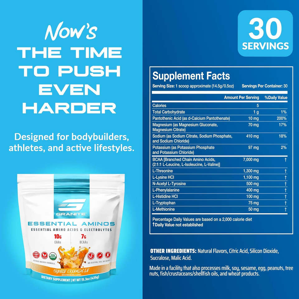 Granite 10G Essential Amino Acids Powder (30 Servings) Muscle Recovery Supplement For Muscle Growth - 7G Bcaa Powder With Electrolytes, Soy And Gluten-Free, Made In Usa, Orange Creamsicle