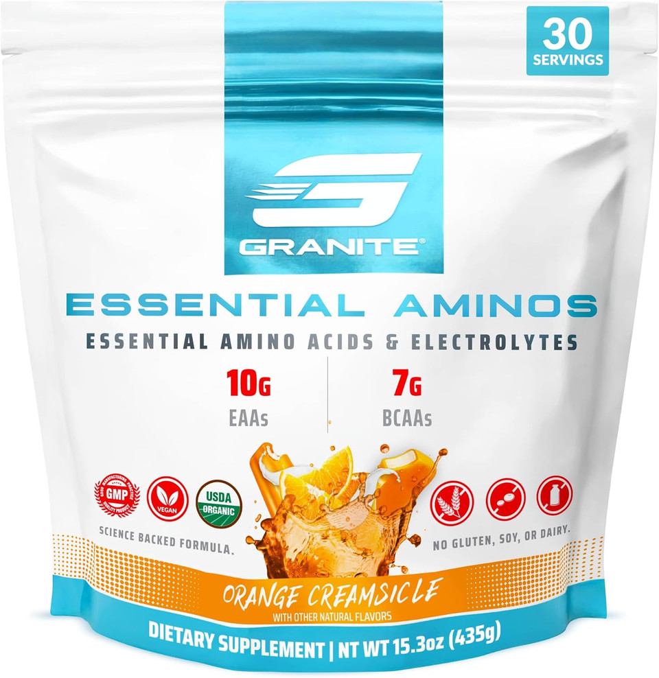 Granite 10G Essential Amino Acids Powder (30 Servings) Muscle Recovery Supplement For Muscle Growth - 7G Bcaa Powder With Electrolytes, Soy And Gluten-Free, Made In Usa, Orange Creamsicle