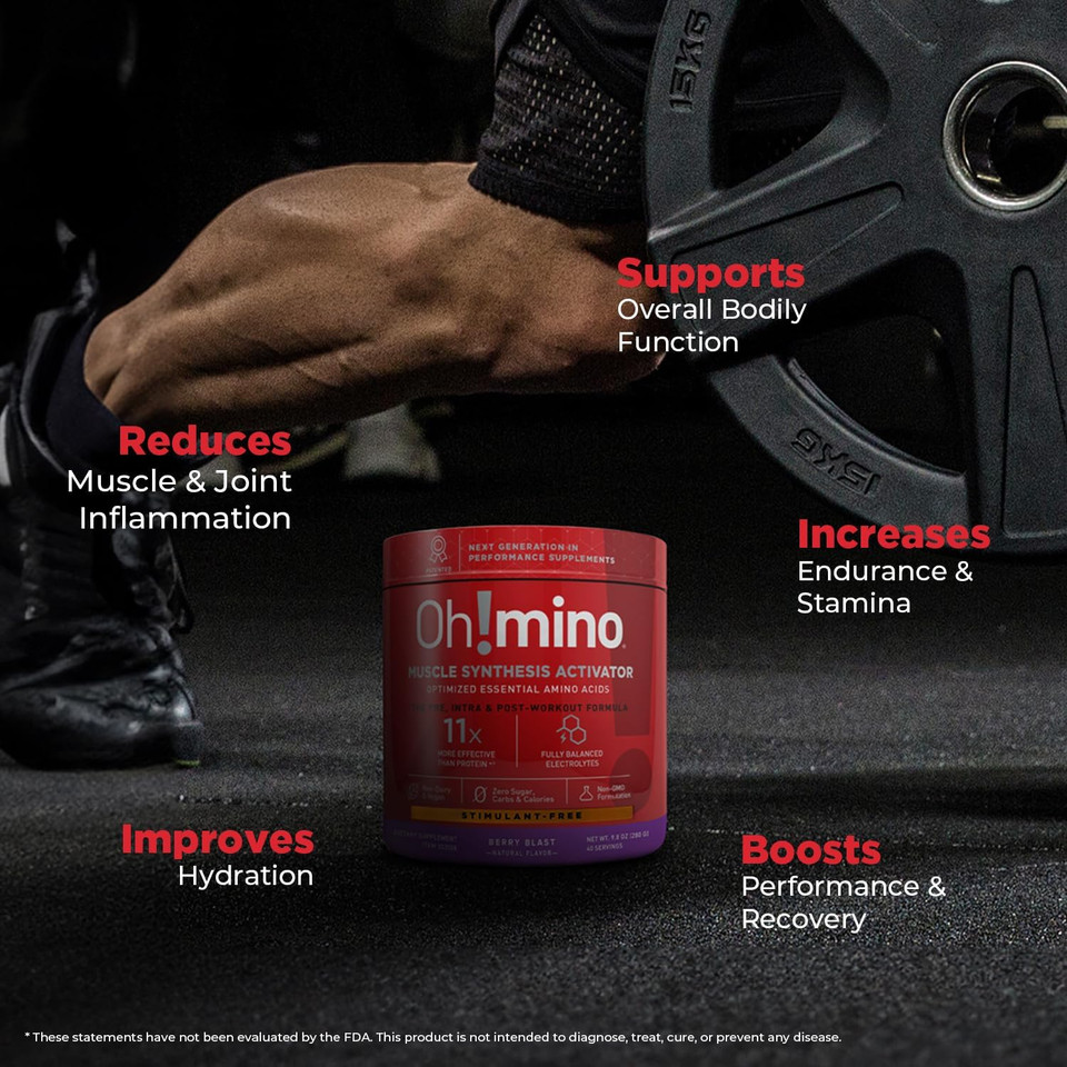 Oh!Mino Amino Acid Energy Blend - Sugar-And-Stimulant-Free, Pre-Post Workout Powder, Bcaa Amino Acids, Workout Recovery Drink, Muscle Synthesis Activator, Berry Blast, 280 G, 40 Servings