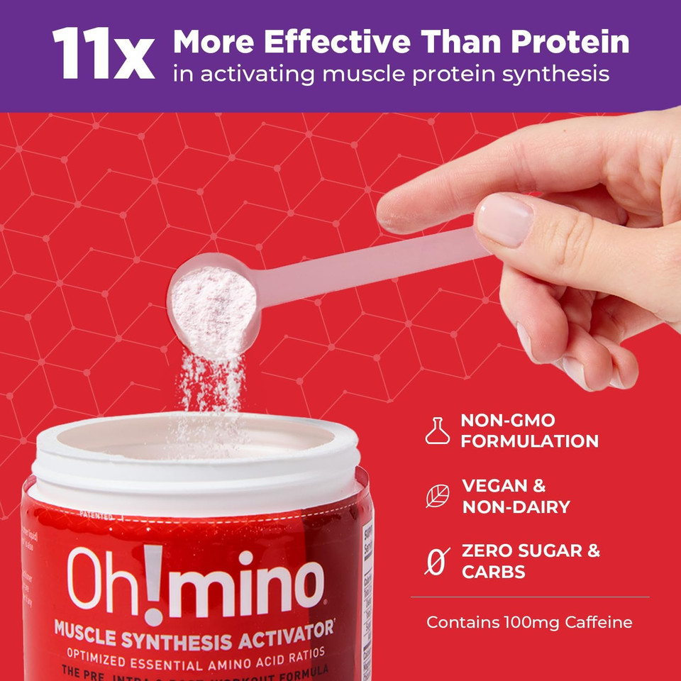 Oh!Mino Amino Acid Energy Blend - Pre-Post Workout Powder, Bcaa Amino Acids, Workout Recovery Drink, Muscle Synthesis Activator, Caffeinated Berry Blast, 280 G, 40 Servings
