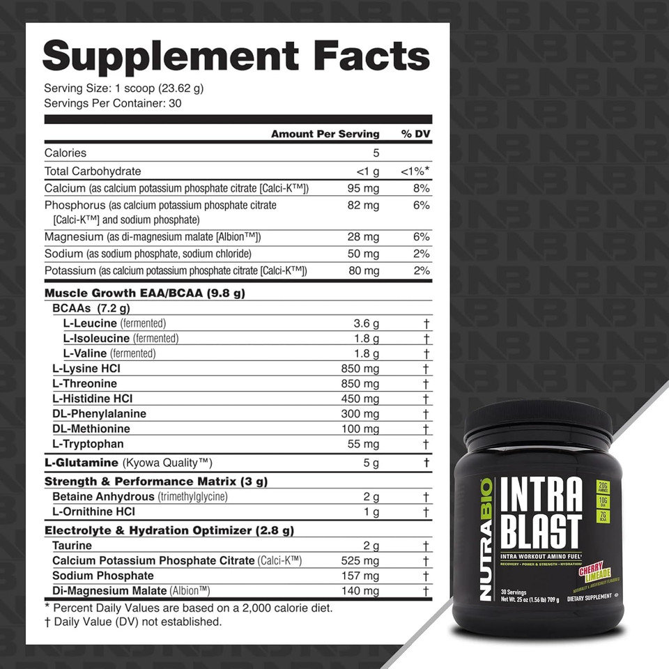 Nutrabio Intra Blast Bcaa Eaa Electrolyte And Hydration Powder - Amino Acid Supplement, Eaa/Bcaa Powder - Non-Gmo And Gluten Free - Cherry Limeade - 30 Servings