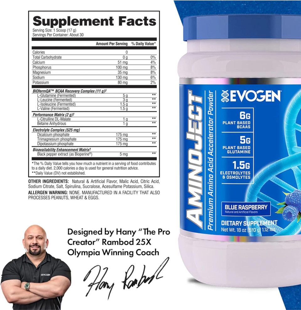 Evogen Aminoject - Premium Bcaa Powder & Eaa Recovery Formula With Electrolytes | Amino Acids Supplement For Muscle Growth, Hydration, & Recovery | Blue Raspberry | 30 Servings