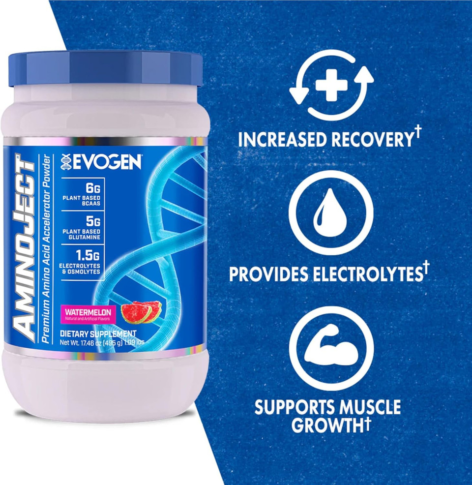Evogen Aminoject - Premium Bcaa Powder & Eaa Recovery Formula With Electrolytes | Amino Acids Supplement For Muscle Growth, Hydration, & Recovery | Watermelon | 30 Servings