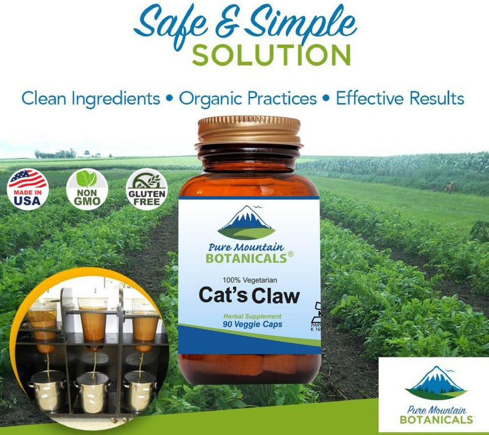 Pure Mountain Botanicals CatâS Claw Capsules - 90 Kosher Vegan Caps With 1000Mg Peruvian Cats Claw Uncaria Tomentosa Herb