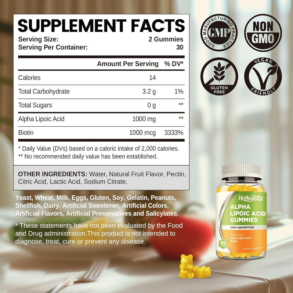 Alpha Lipoic Acid Gummies 1000Mg With Biotin, High Absorption Chewable Ala Supplement For Antioxidant, Brain Health And Nerve Support, Pineapple Flavor, Sugar Free, 60 Chews Alpha Lipoic Acid Gummies 1000Mg With Biotin, High Absorption Chewable Ala Supplement For Antioxidant, Brain Health And Nerve Support, Pineapple Flavor, Sugar Free, 60 Chews
