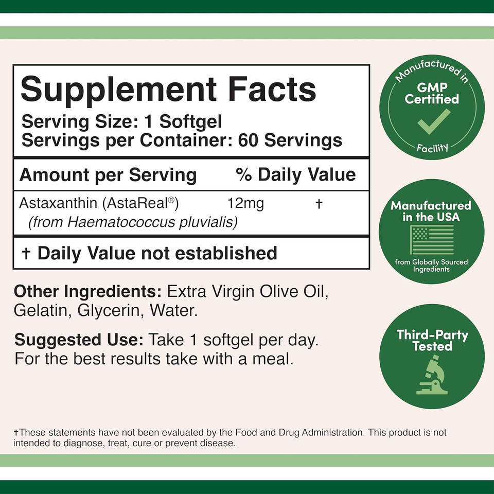 Astaxanthin 12Mg Max Strength (Astareal: Natural Patented Astaxanthin With 70+ Human Clinical Trials - World'S Most Studied Brand) Grown, Harvested, And Made In The Usa (Astaxantina) By Double Wood