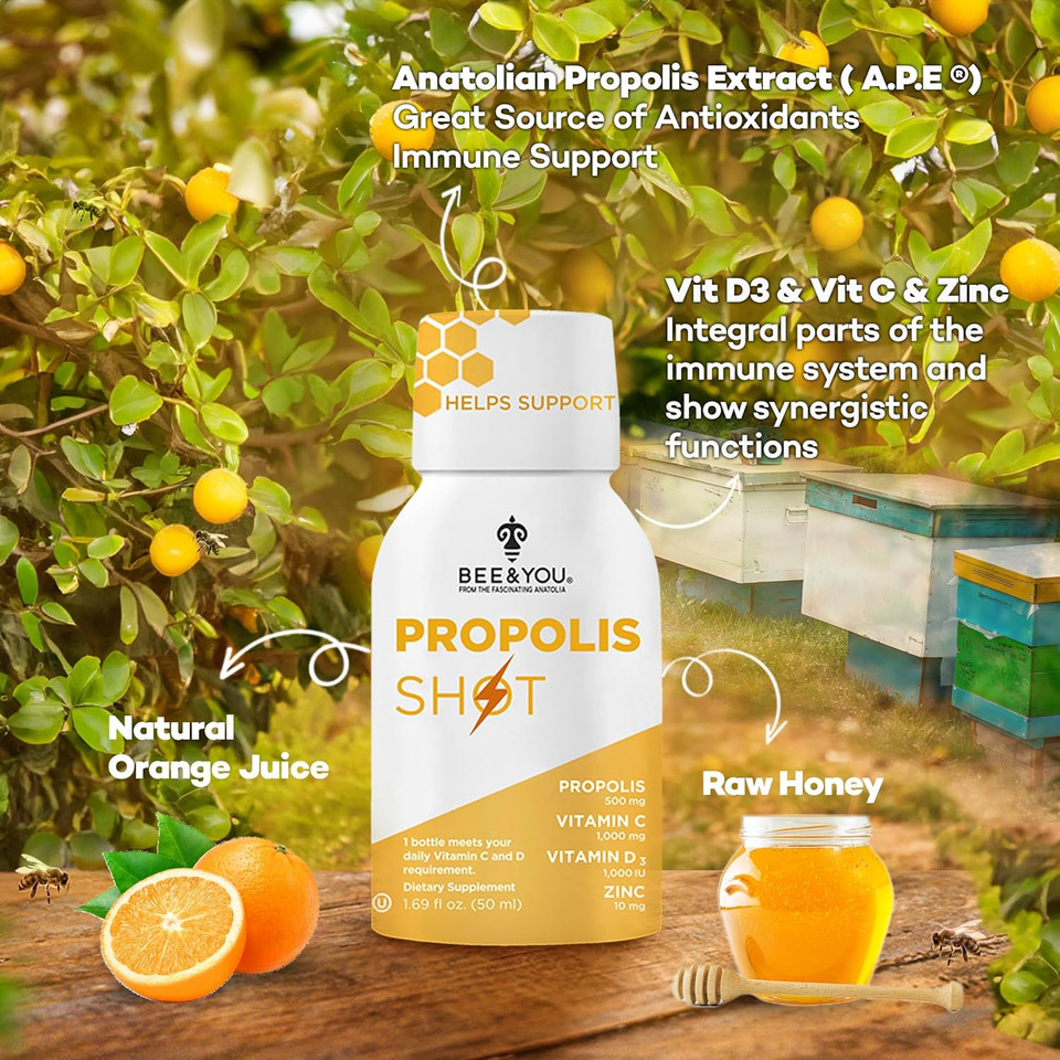 Bee And You Immune Support 100% Natural Propolis Shot Supplement, Antioxidants, Vitamin C, Vit D3, Zinc, Orange Juice, Raw Honey, 1.69 Fl. Oz X 12 Bottles