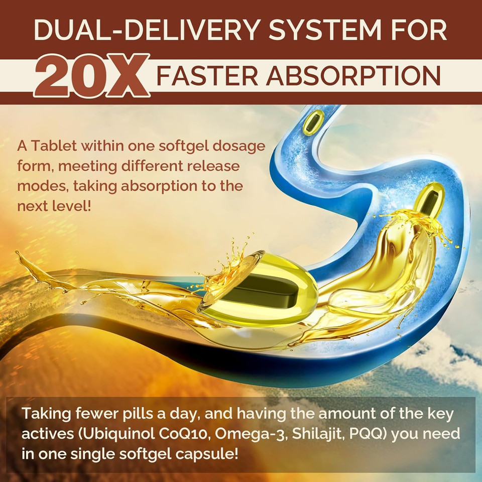 Ubiquinol Coq10 600 Mg Softgels With Omega-3 & Shilajit & Pqq, Advanced Dual-Delivery Coenzyme-Q10, Active Coq10 Ubiquinol Supplement For Antioxidant, Heart, Brain & Cellular Energy, 60 Servings