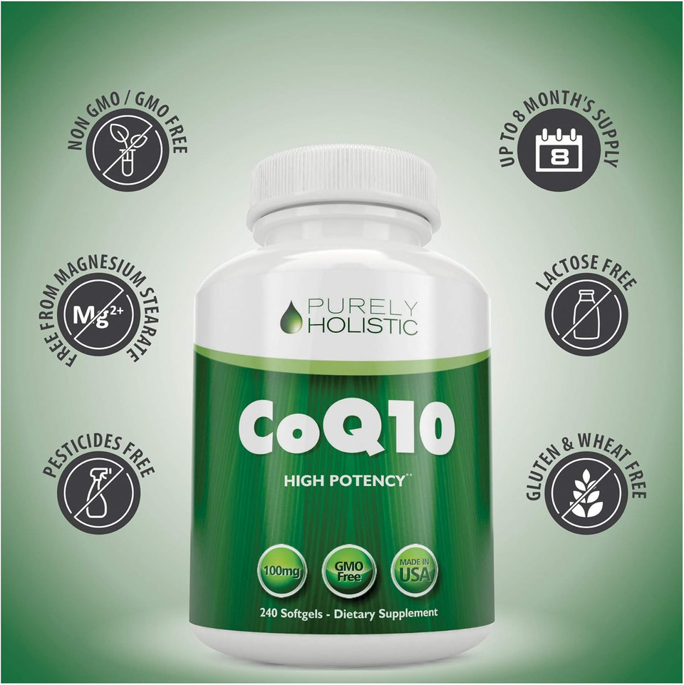 Purely Holistic Coq10 100Mg - 240 Softgels - 8 Month Supply - Ubiquinone Coenzyme Q10 Supplement - With Organic Olive Oil - Soy Free Co Q 10 - Made In The Usa