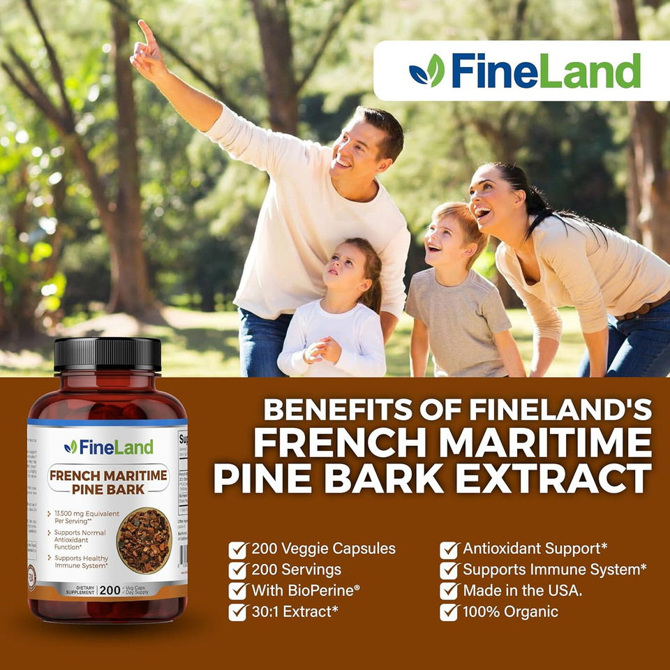 Fineland French Maritime Pine Bark 30:1 Extract Max Strength, 450 Mg Per Capsule, Antioxidant, 200 Veggie Caps Of Pine Bark Supplement For 200 Days, 100% Natural