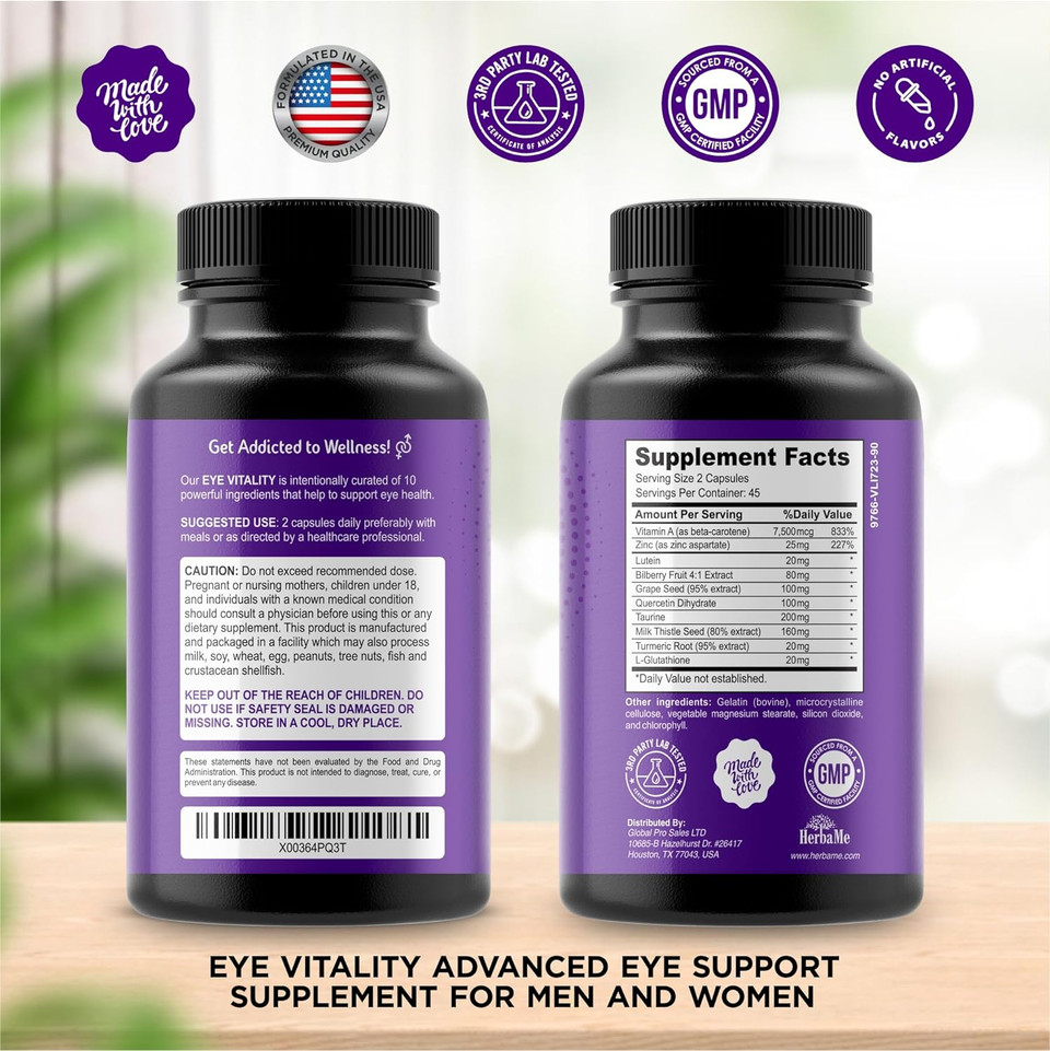 Eye Vitamins Supplement With Lutein, Bilberry, Beta Carotene, L-Taurine, Zinc And Quercetin, 90 Capsules, Supports Vision, Ocular And Macular Health, Helps Eyes Filter Blue Light
