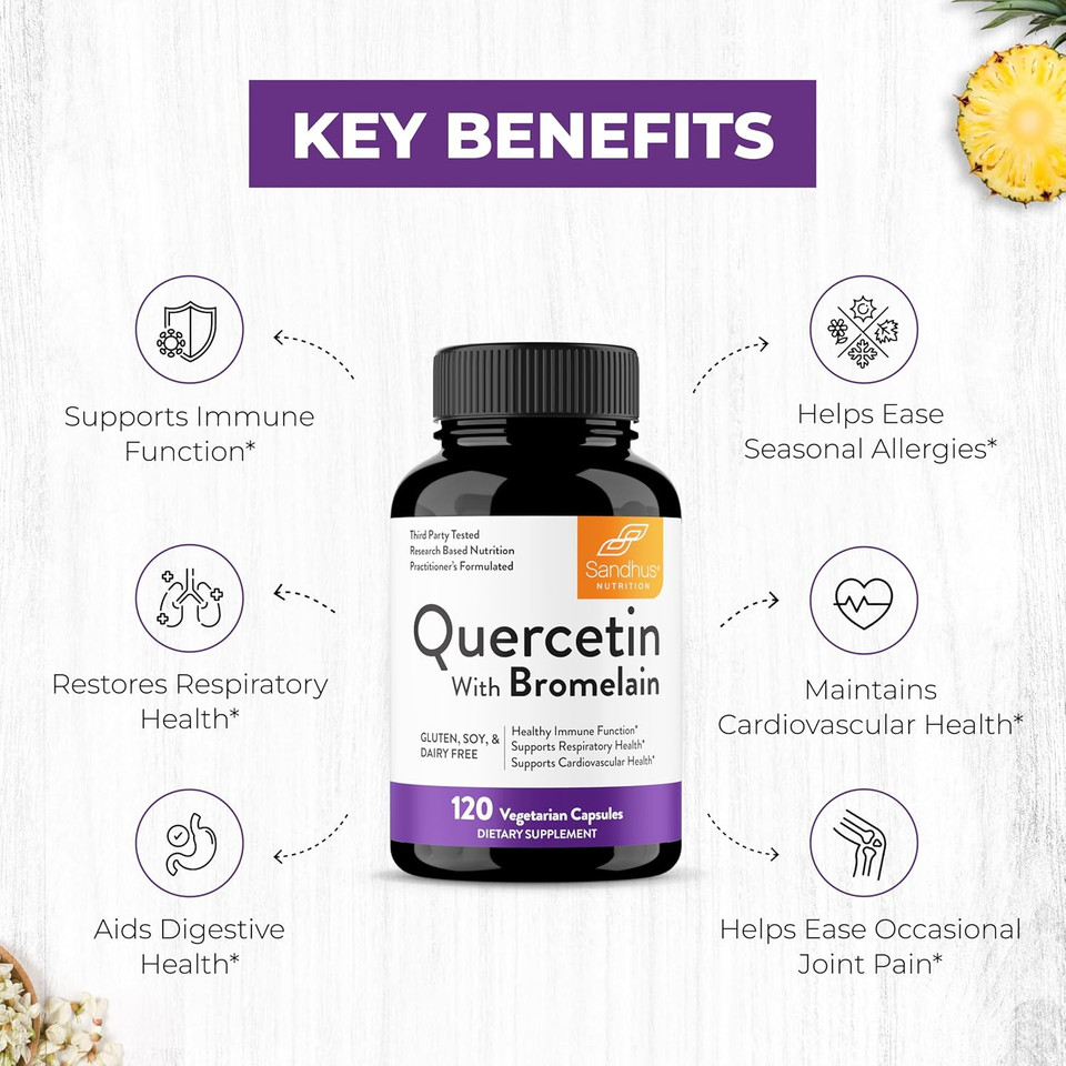 Sandhu'S Quercetin With Bromelain 1000Mg Per Serving 120 Count Vegetarian Capsules Bioflavonoids Supplement Complex Supports Immune, Cardiovascular & Respiratory Health