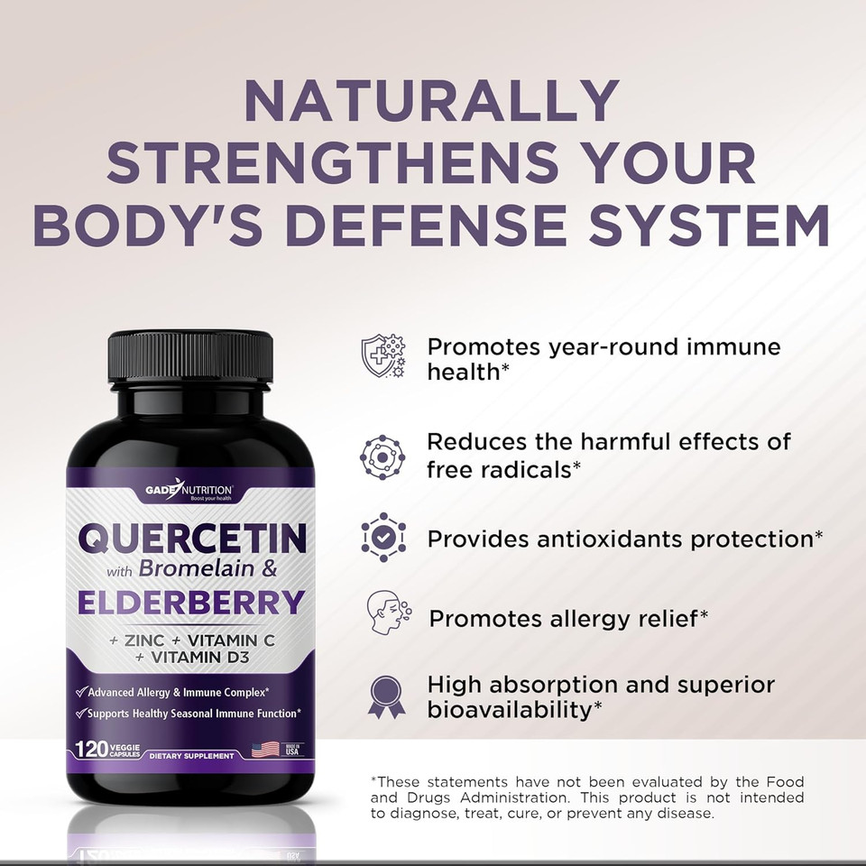 Quercetin With Vitamin C And Zinc - Elderberry - Quercetin 500Mg - Quercetin With Bromelain - Zinc Quercetin - Vitamin D3 - 6 In 1 Daily Immune Support, Non-Gmo, Gluten-Free - Sambucus Supplement -Usa