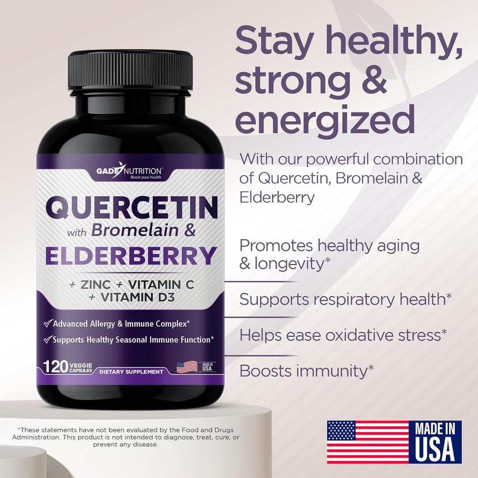 Quercetin With Vitamin C And Zinc - Elderberry - Quercetin 500Mg - Quercetin With Bromelain - Zinc Quercetin - Vitamin D3 - 6 In 1 Daily Immune Support, Non-Gmo, Gluten-Free - Sambucus Supplement -Usa