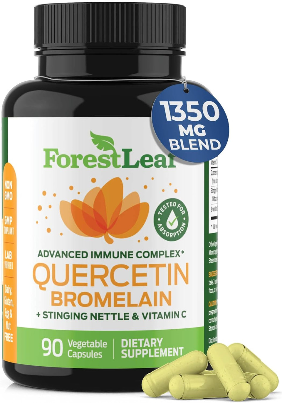 Forestleaf Quercetin With Bromelain 1350Mg - Blend With Vitamin C & Stinging Nettle Supplement, Quercetin 500Mg Capsules, Non-Gmo Gluten Free, Natural Immune & Respiratory Function, 90 Veggie Caps