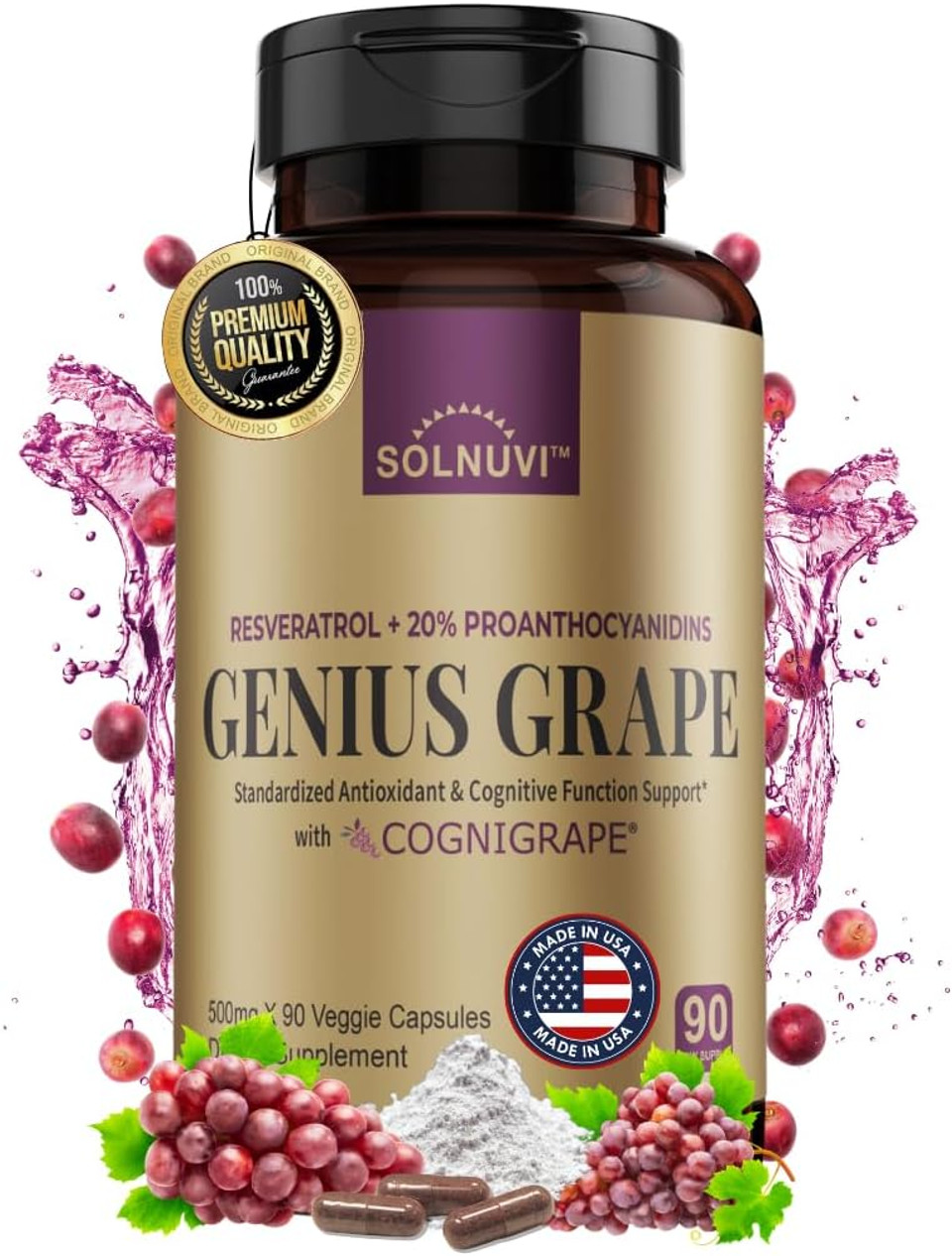 Resveratrol Complex Supplement 1500Mg With Clinically Tested Cognigrape Red Grape Extract 20% Proanthocyanidins - Antioxidant & Brain Health Support - 90 Veggie Capsules, Non-Gmo, Gluten-Free, Vegan