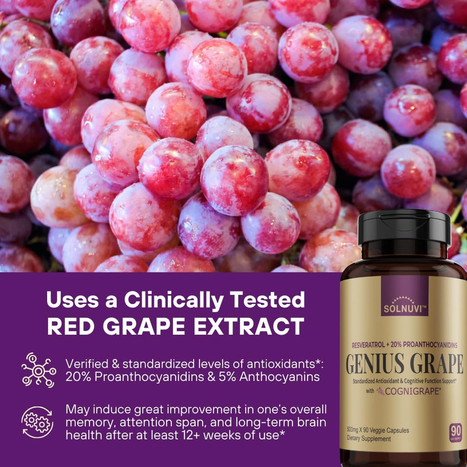 Resveratrol Complex Supplement 1500Mg With Clinically Tested Cognigrape Red Grape Extract 20% Proanthocyanidins - Antioxidant & Brain Health Support - 90 Veggie Capsules, Non-Gmo, Gluten-Free, Vegan