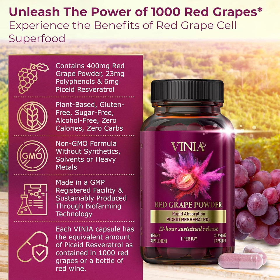 Vinia 12-Hour Long-Lasting Piceid Resveratrol Supplement. Nitric Oxide Supplement. Supports Heart Health, Blood Flow, Boost Oxygen Superfood Powder, Keto Friendly. Vegan & Non-Gmo. 30 Day Supply