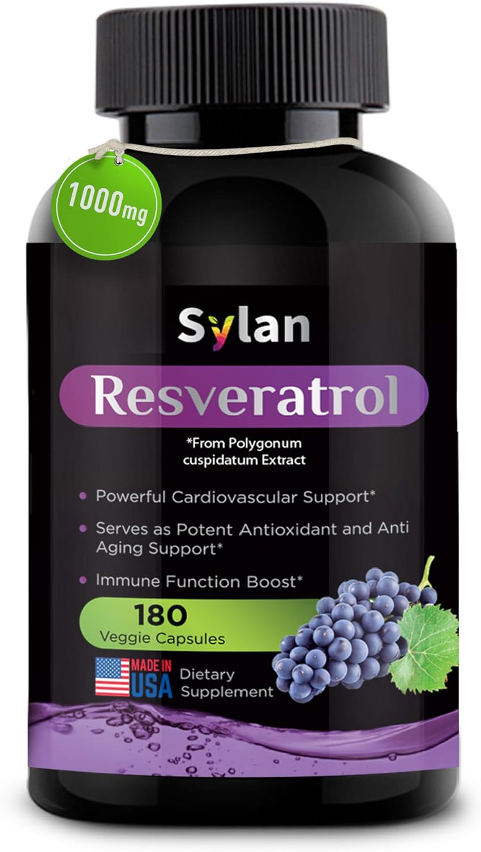 Sylan Trans Resveratrol Supplement, 1000Mg, 180 Veggie Capsules, Antioxidant, Supports Heart, Joint, Brain, Immune Health & Anti-Aging, Non-Gmo, Made In Usa, Resveratrol 500Mg Powder Per Capsul