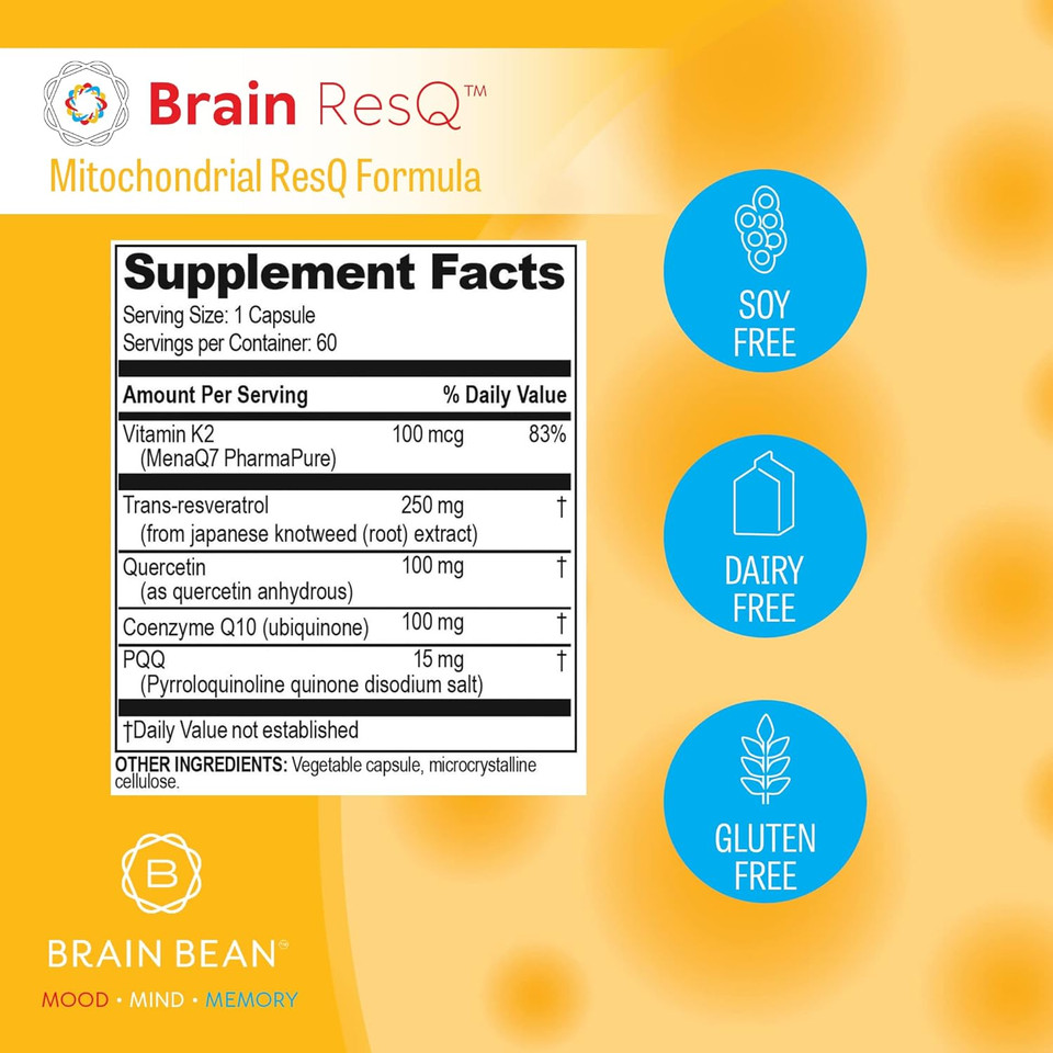 Brain Resq Mitochondrial Energy Optimizer With Pqq, Coq10, Trans-Resveratrol, Menaq7, And Quercetin Supplement, Pqq Supplement 15Mg And Coq10 100Mg, Mitochondria Supplement - 60 Capsules