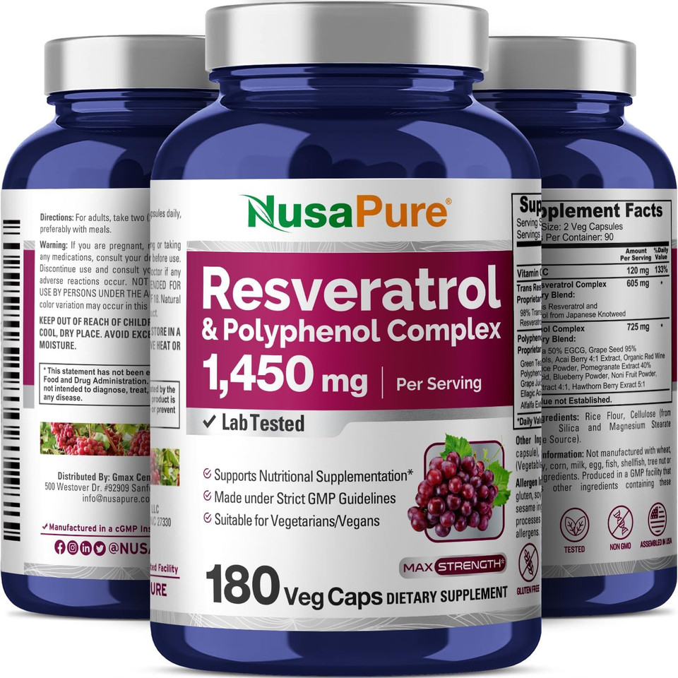 Nusapure Resveratrol & Polyphenol Complex 1450Mg 180 Vegetarian Caps (Non-Gmo, Vegan) Vitamin C