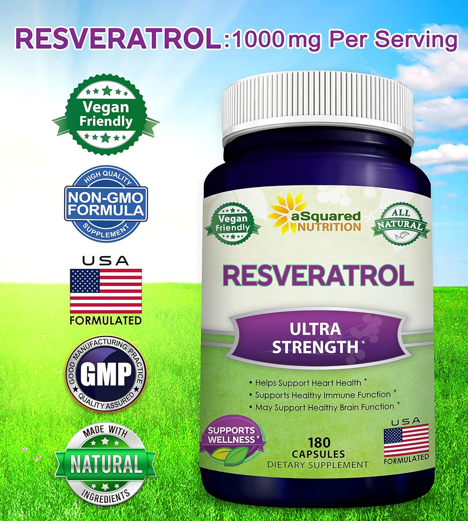 100% Natural Resveratrol - 1000Mg Per Serving Max Strength (180 Capsules) Antioxidant Supplement, Pills For Heart Health & Pure, Polyphenols