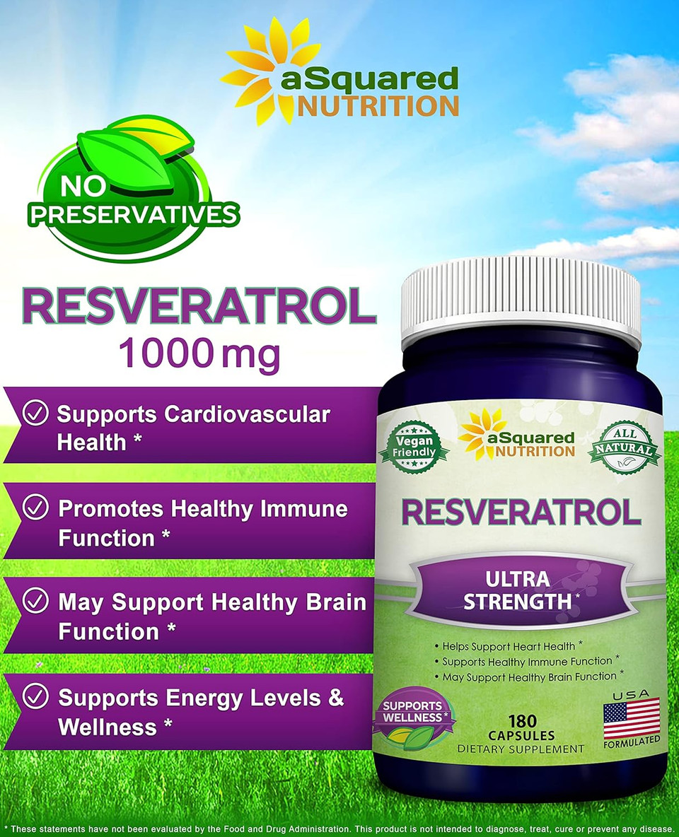 100% Natural Resveratrol - 1000Mg Per Serving Max Strength (180 Capsules) Antioxidant Supplement, Pills For Heart Health & Pure, Polyphenols