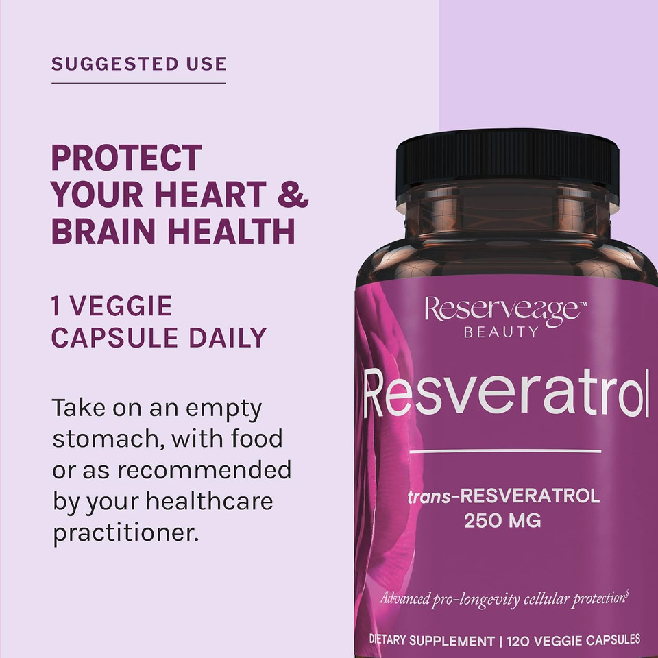 Reserveage Nutrition Beauty Resveratrol 250 Mg - Best Trans-Resveratrol - Vegan Antioxidant Supplement For Cellular & Heart Health - Aids Healthy Aging & Immune Health - 120 Vegetable Capsules
