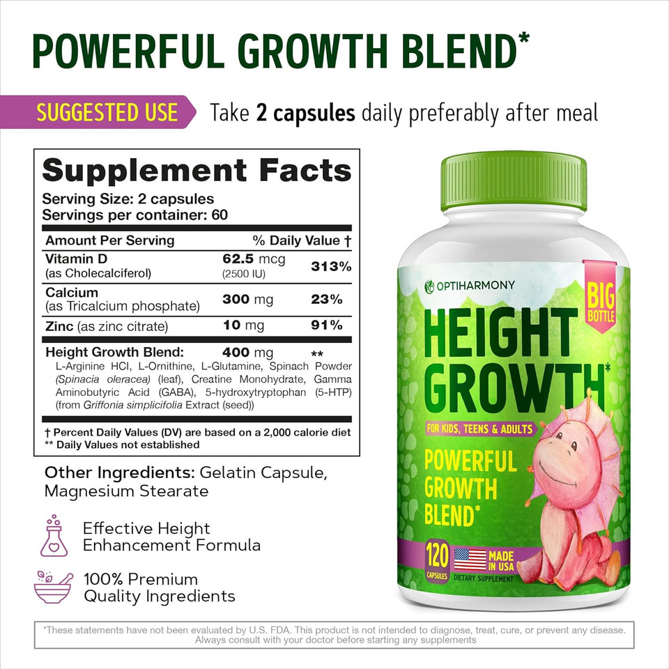 Height Growth Maximizer - Made In Usa - Natural Height Increase Booster Supplement & Grow Taller Pills - Bone Growth For Adults, Teens & Kids - Vitamins For Boys & Girls To Get Taller - 120 Capsules