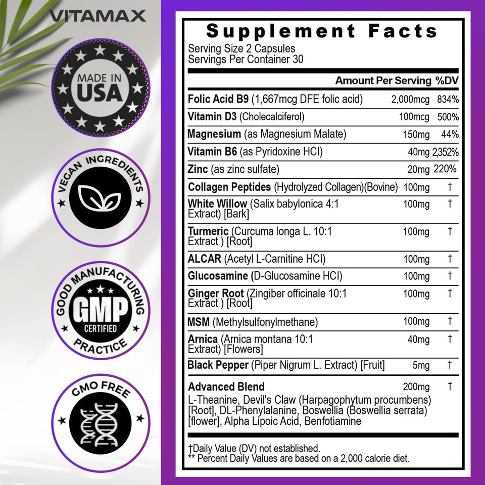 Sciatic Nerve Health Support - Sciatic Nerve Supplement Capsules With Folic Acid, Pea, Glucosamine, Msm, Vitamin B Complex, Alpha Lipoic Acid 300Mg  60Ct  Made In Usa