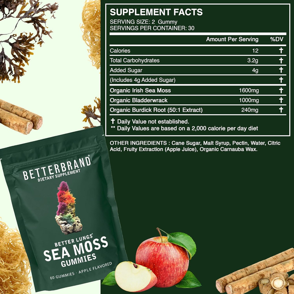 Betterbrand Betterlungs Sea Moss Gummies 1600Mg Organic Irish Sea Moss For Lung And Immune System Support 1000Mg Organic Bladderwrack And Burdock Root - 60 Count Apple Flavored (30 Days Supply)