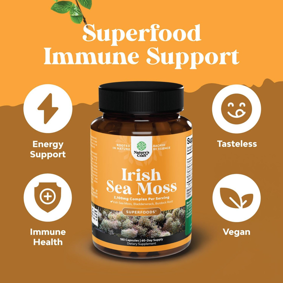 Organic Irish Sea Moss Capsules - Organic Sea Moss Pills With 2100Mg Serving Superfood Complex With Bladderwrack Burdock Root And Bioperine For Immune Skin & Thyroid Support - Vegan Non-Gmo (2 Month)