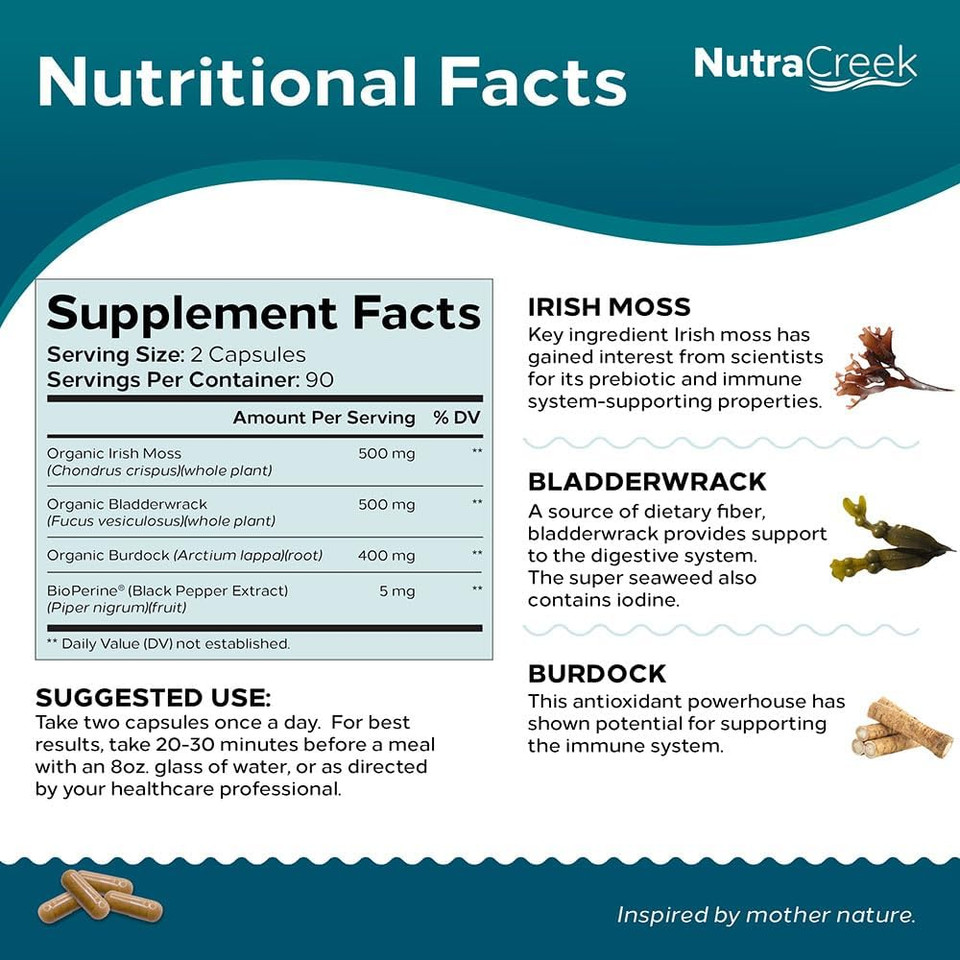 Sea Moss | Irish Sea Moss Capsules With Bladderwrack, Burdock Root & Bioperine For Absorption. Prebiotic & Immune Support | 90 Days Supply Of Bladderwrack And Sea Moss Pills - 180 Capsules