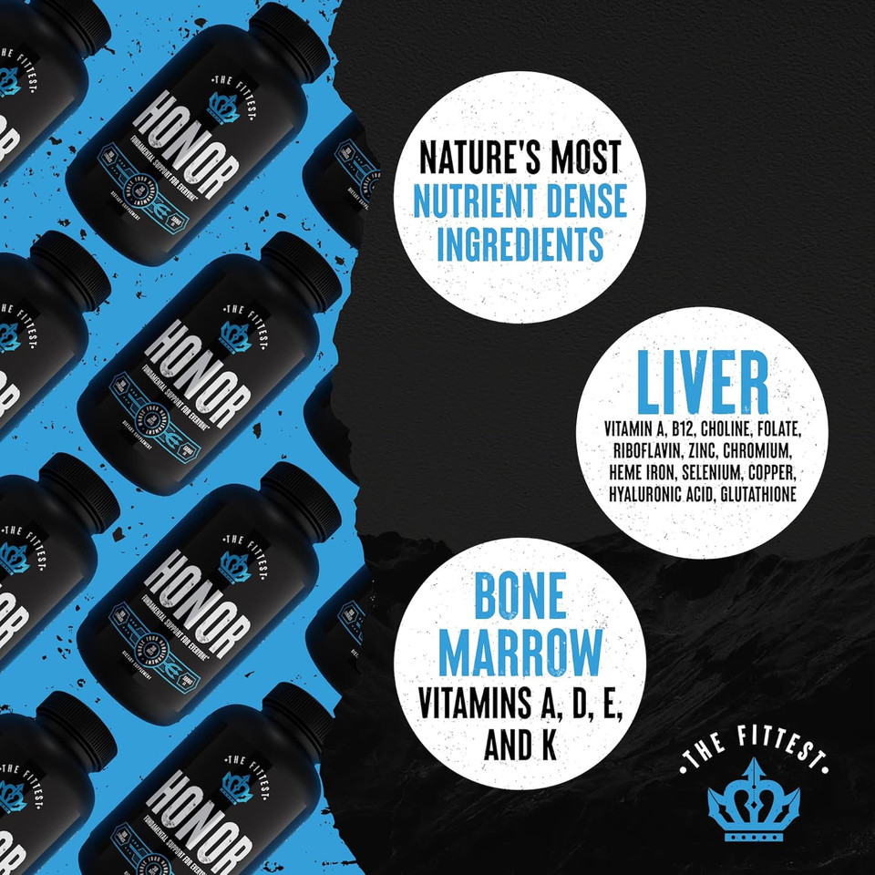 The Fittest Honor Supplement - Supports Energy, Collagen Production And Joint & Bone Health - Grass Fed Liver & Bone Marrow - 180 Capsules